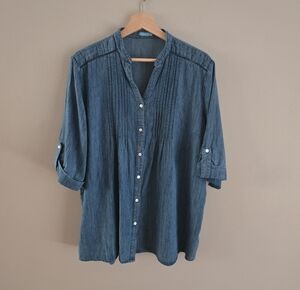 J. McLaughlin Chambray Button Front Blouse XL Lyocell Linen Roll Tab Sleeve